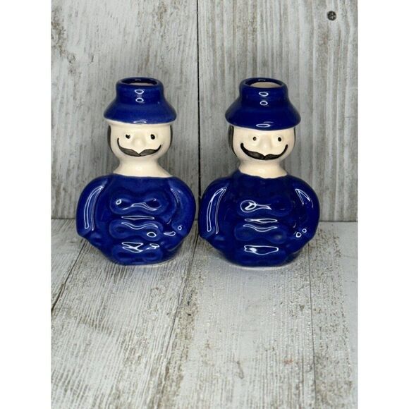 Vintage Set of 2 Miniature Bud Vases Candle Holders Little Mustached Men - Picture 1 of 6